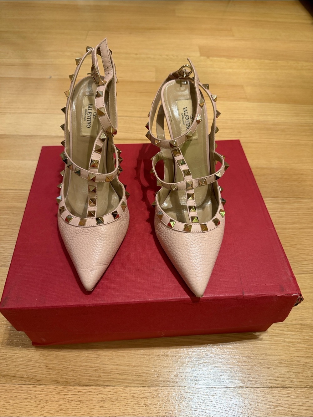 Valentino Blush Pink Rockstud Pointed-Toe Strappy Pumps